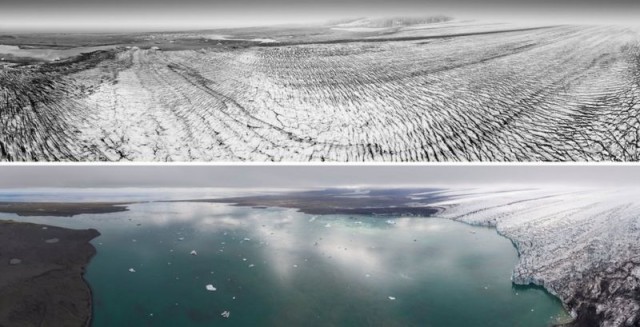 Зображення льодовика Брейдамеркурйокулл, зроблені у 1989 р. (вгорі) і в 2019 р. (внизу), показують, скільки льоду було втрачено за цей період