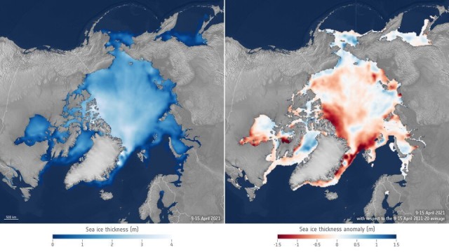 Товщина морського льоду в квітні 2021 р. в порівнянні з середньою товщиною в квітні 2011-2020 рр / фото ESA EarthObservation