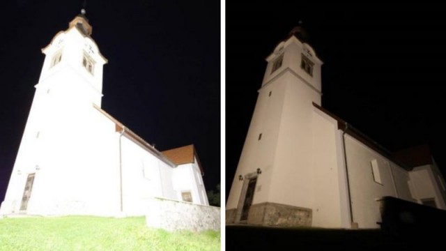 До і після: раціональний підхід до освітлення цієї церкви в Словенії значно економить електрику